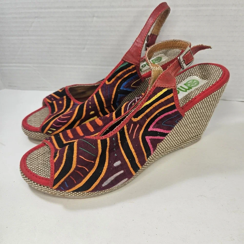 Handmade Tribal Wedge‎ Sandals Size 38 Colombia Textile Leather Boho 7.5